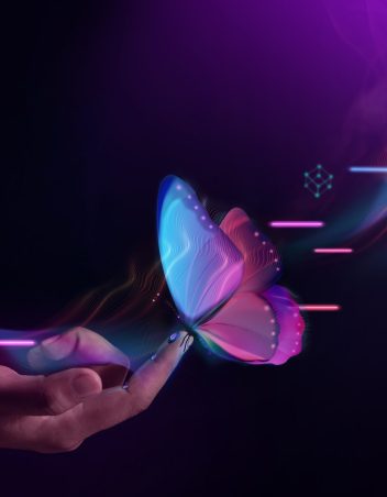 Biosensor Technology Concepts. New Experiences with Metaverse, Web3 and Blockchain. Hand Interacting with the Computer Graphic Surrealism Butterfly via Biosensor Tech